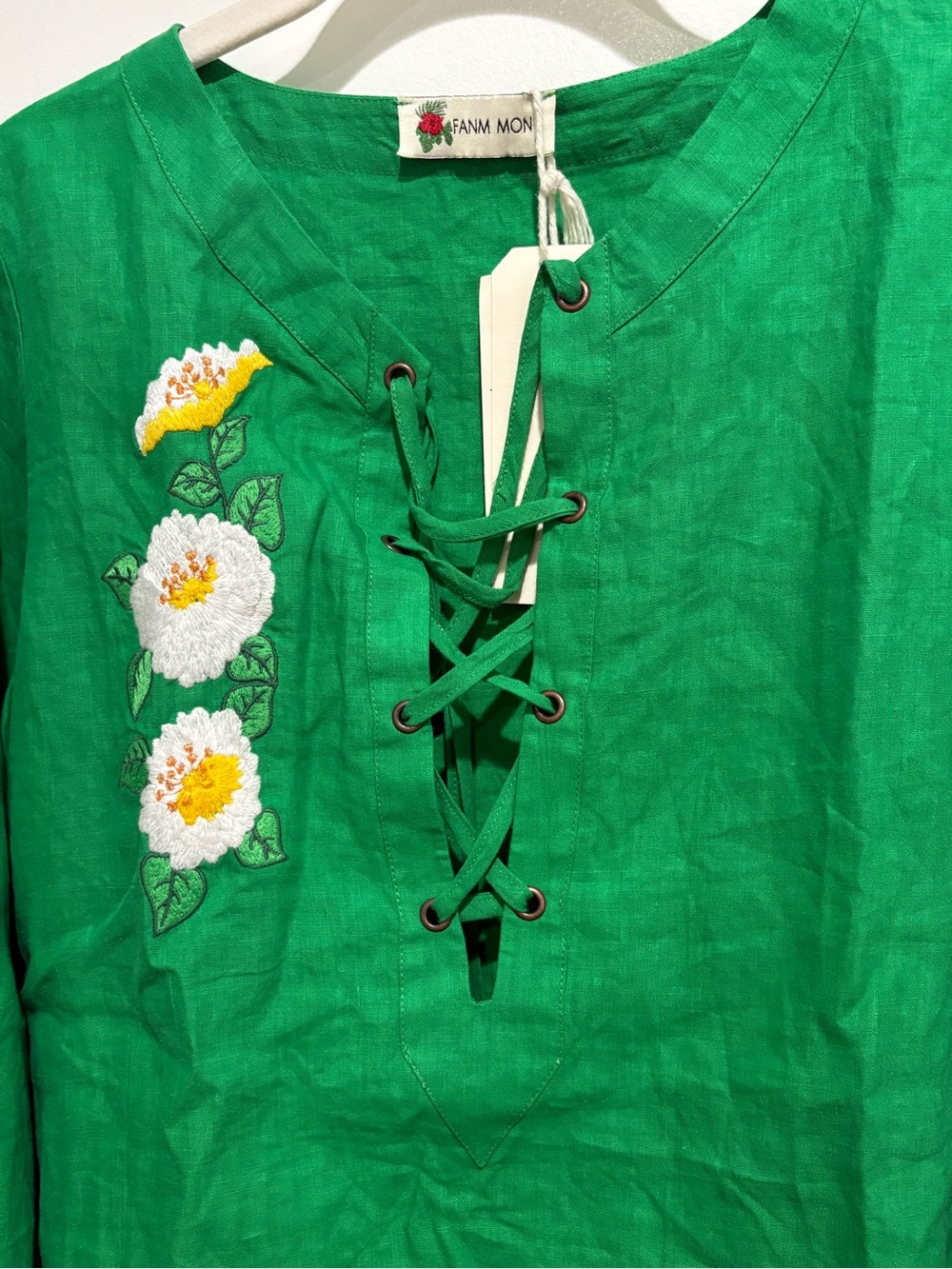 Fanm Mon Emerald Green Lace-Up Tunic with Floral Embroidery - Picture 3 of 5